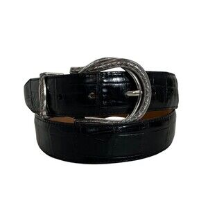 Brighton Womens Belt Black Croc Embossed Leather w Silver Barb Wire Buckle  L 34